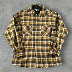 Vintage Towncraft Flannel Shirt Mens Medium Yellow Plaid Loop Collar 1960s Shirt